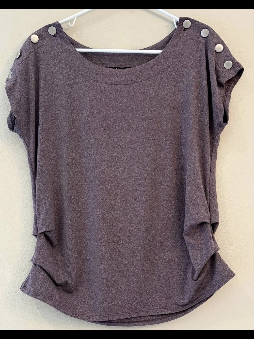 AUW Purple Button Shoulder Draped Ruched Athleisure Top - Size SM